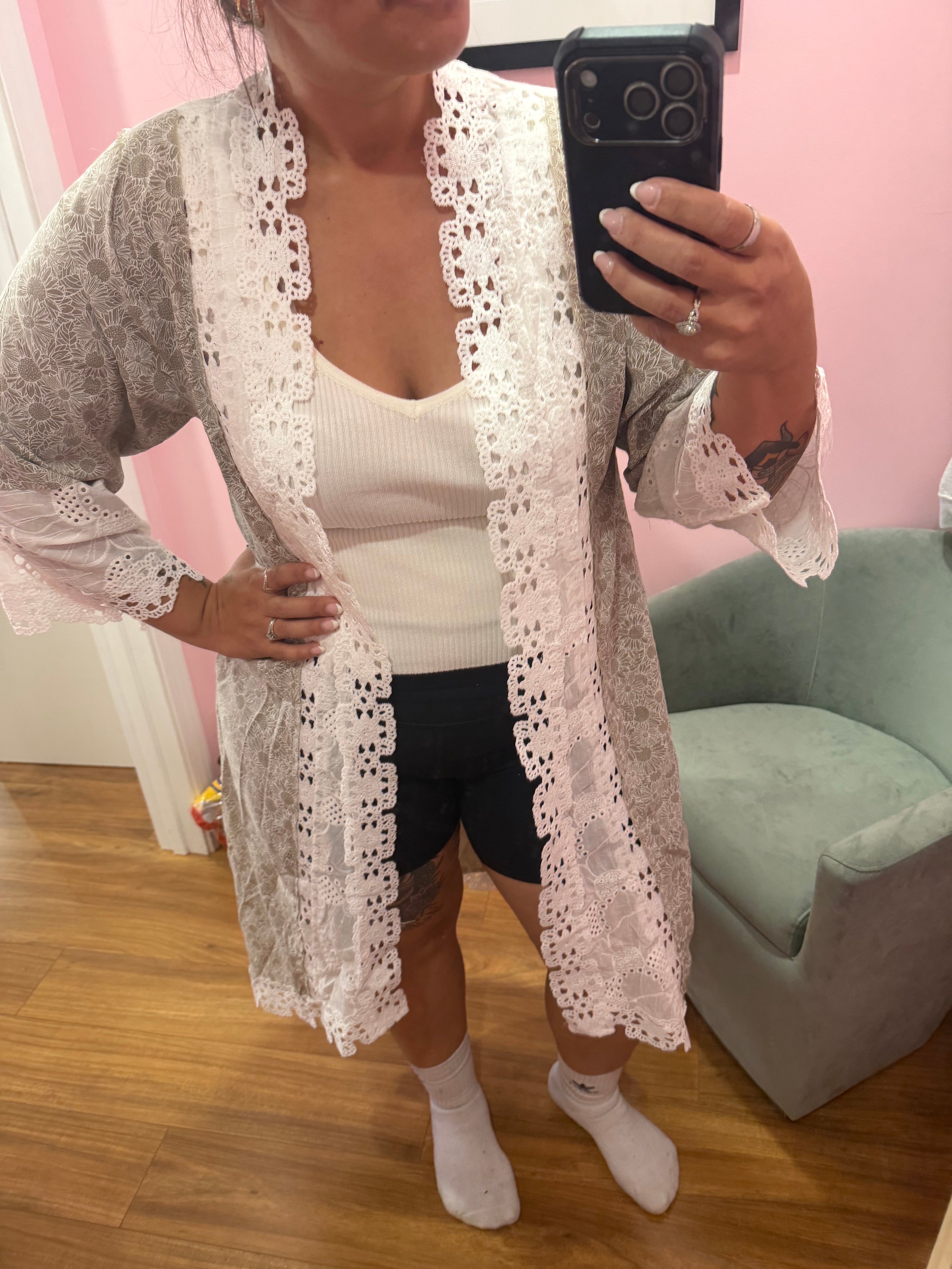 Taupe Foral Eyelet Cardigan