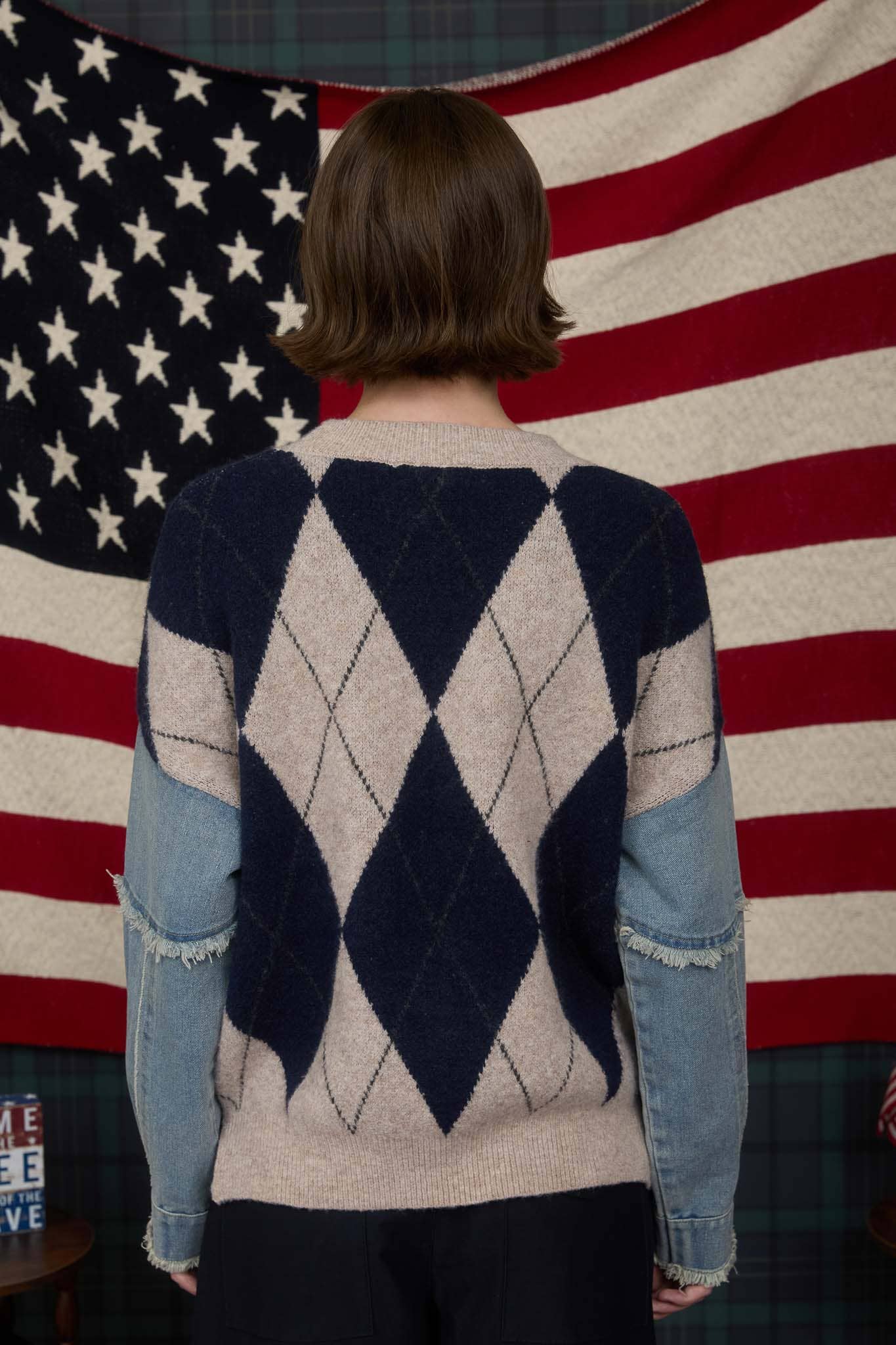 Argyle Denim Sleeve Sweater
