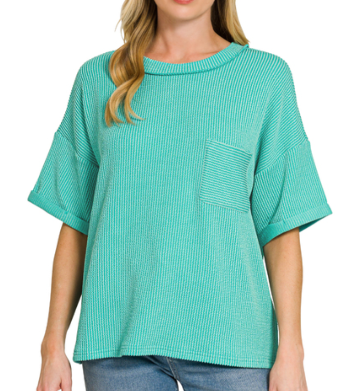 Robbie Ribbed Short Sleeve - Turquoise
