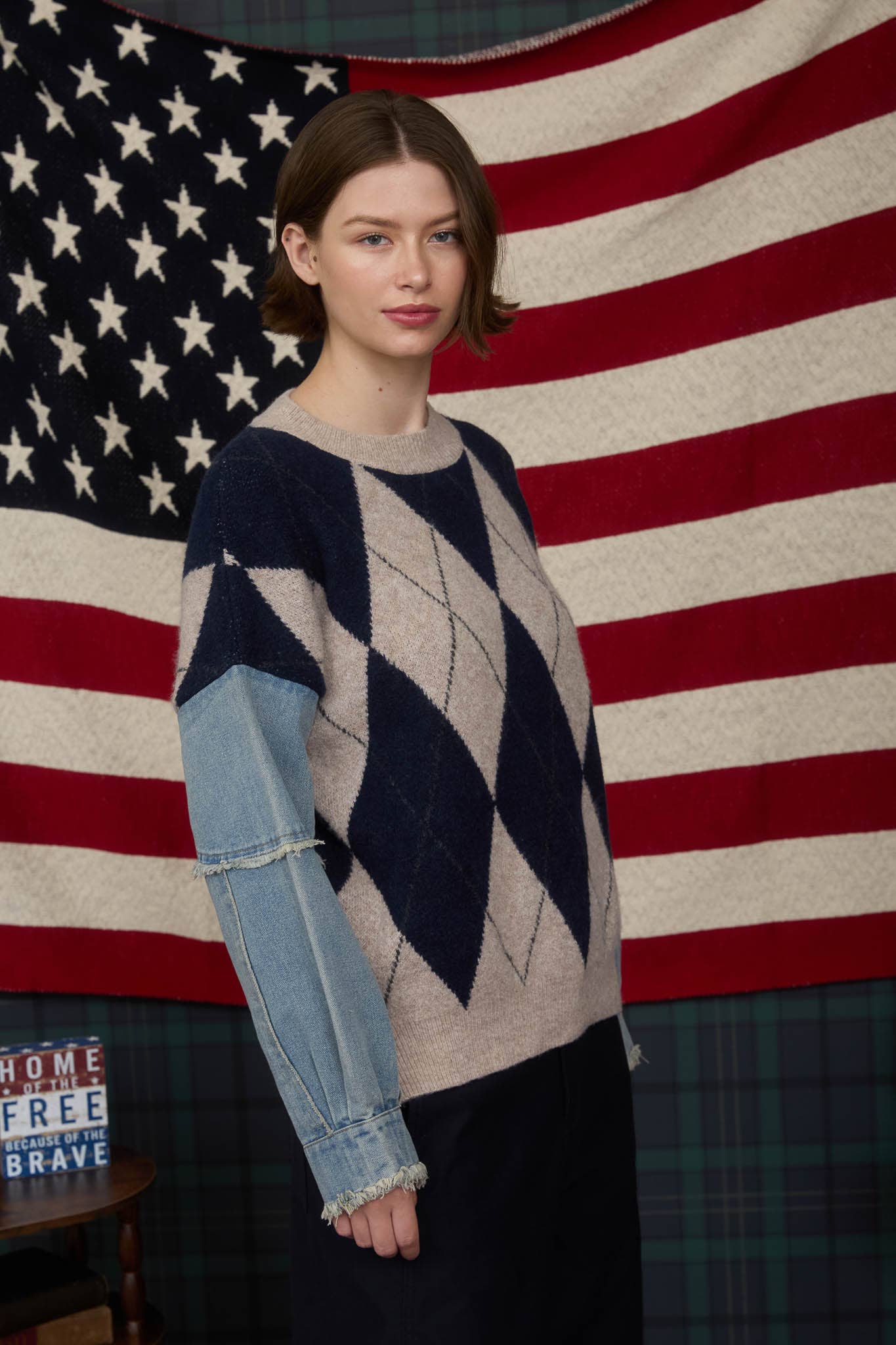 Argyle Denim Sleeve Sweater