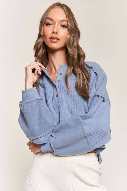 Blue Ribbed Knit Crop Sweater
