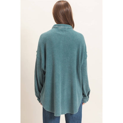 Mineral Wash Waffle Knit Teal Shacket