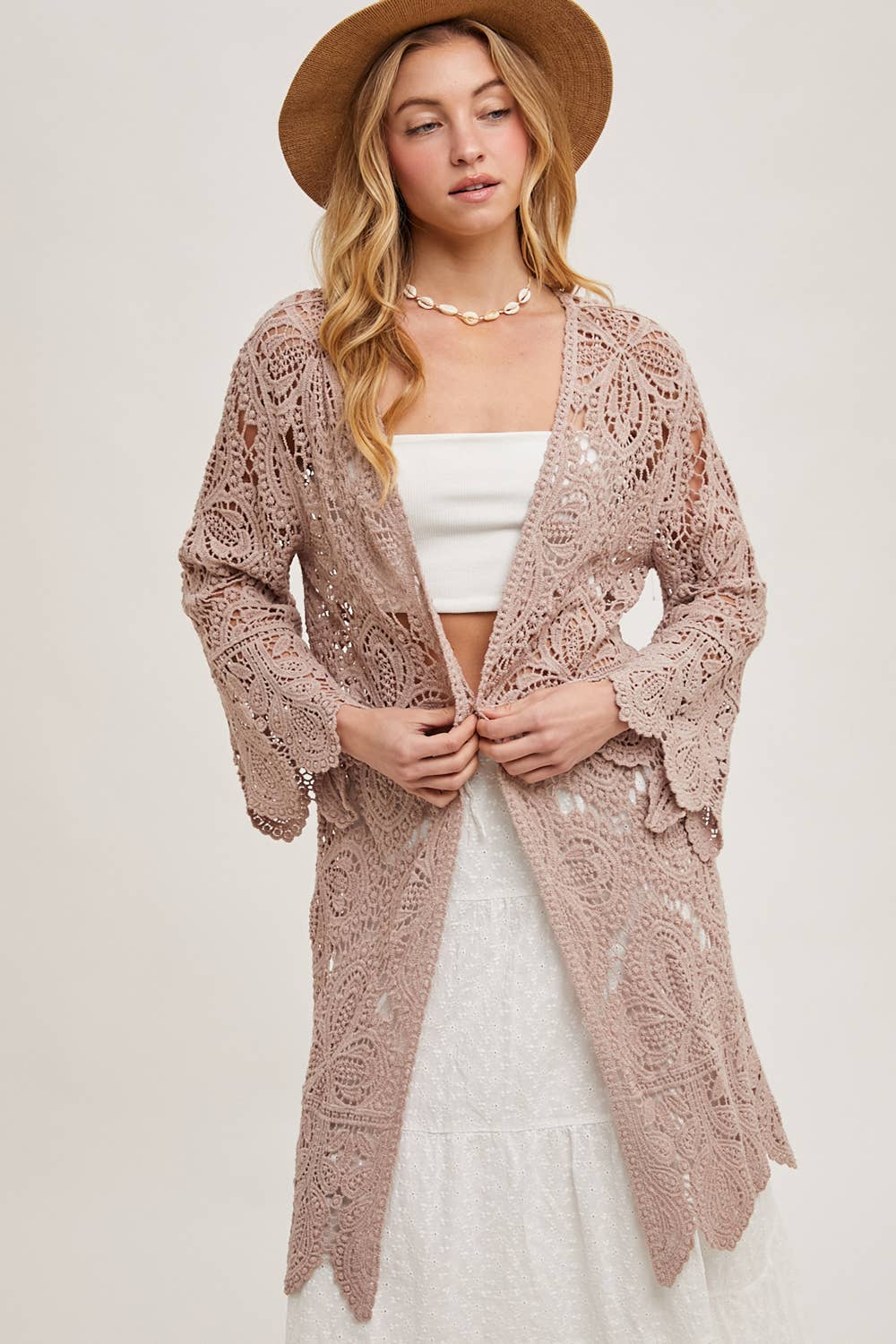 CROCHET OPEN FRONT BELL SLEEVED CARDIGAN