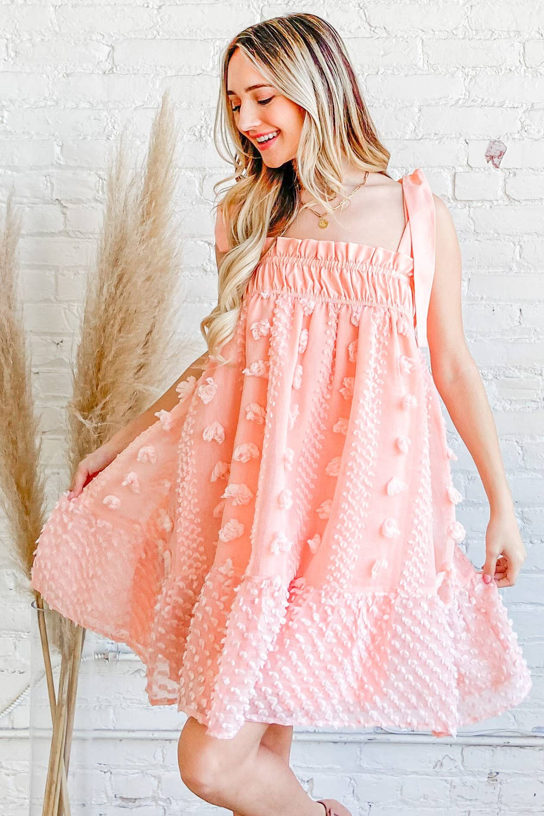Double Pompom Florence Dress - PEACH