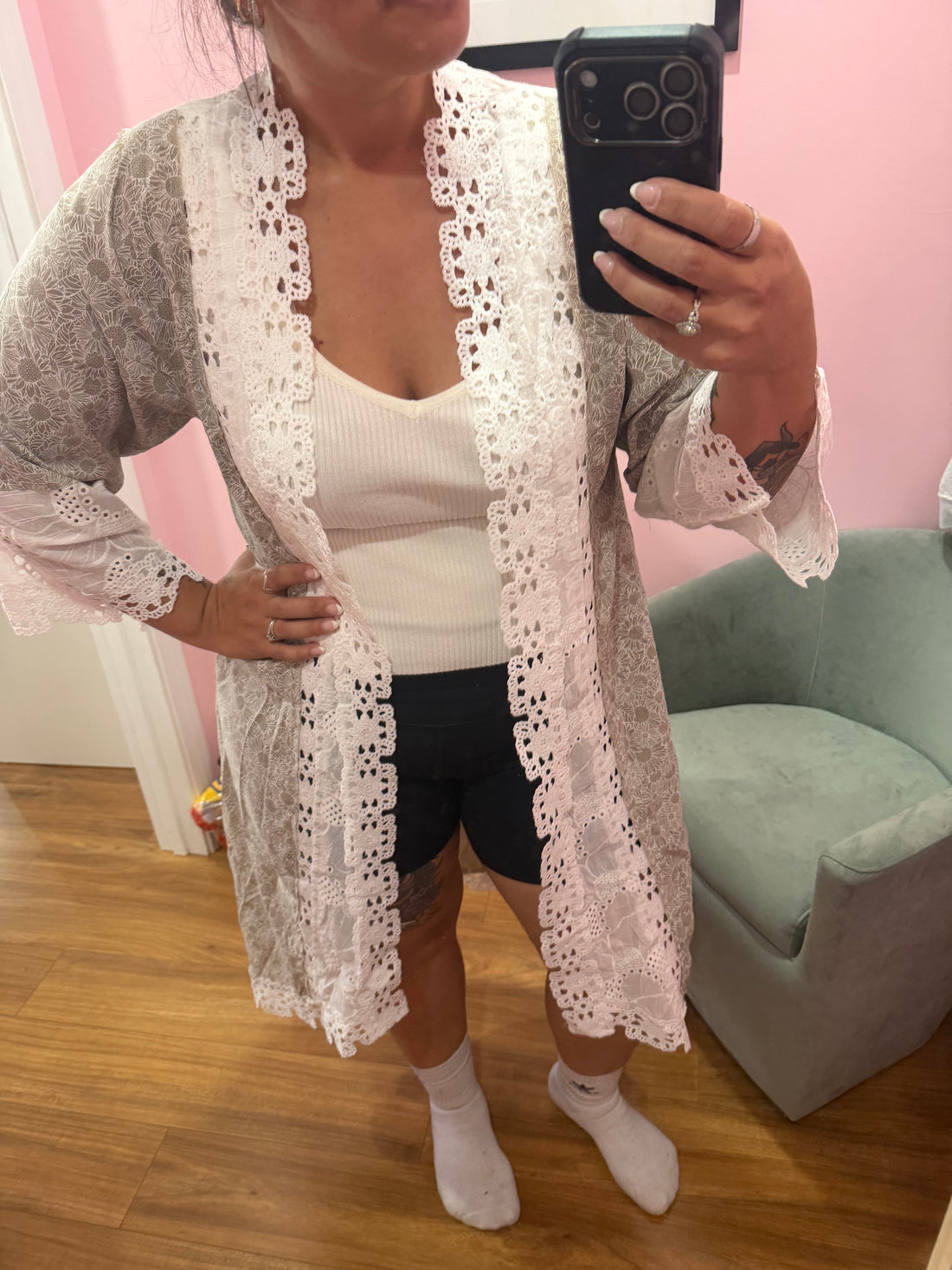 Taupe Foral Eyelet Cardigan