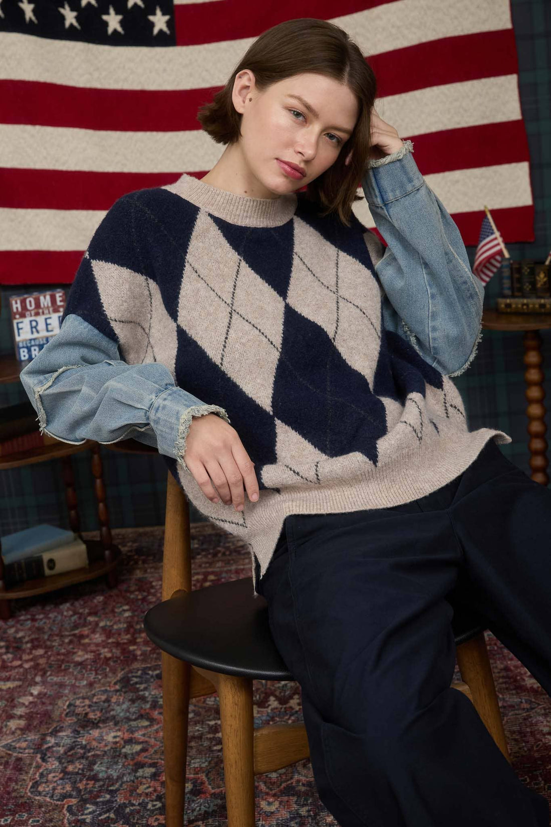 Argyle Denim Sleeve Sweater