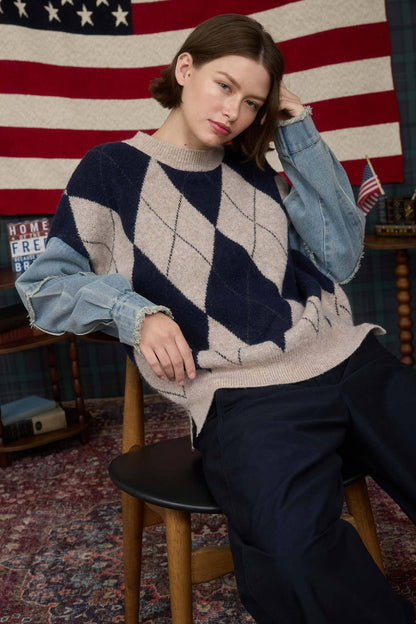 Argyle Denim Sleeve Sweater
