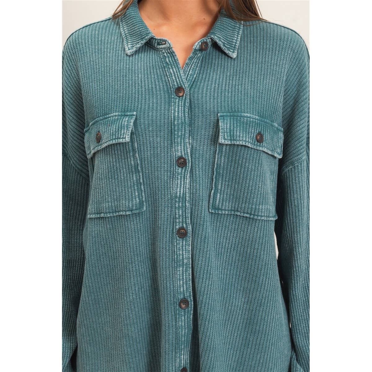 Mineral Wash Waffle Knit Teal Shacket