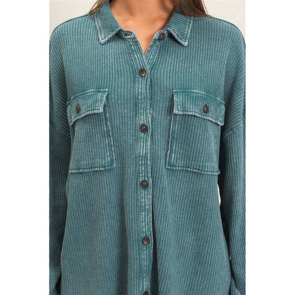 Mineral Wash Waffle Knit Teal Shacket