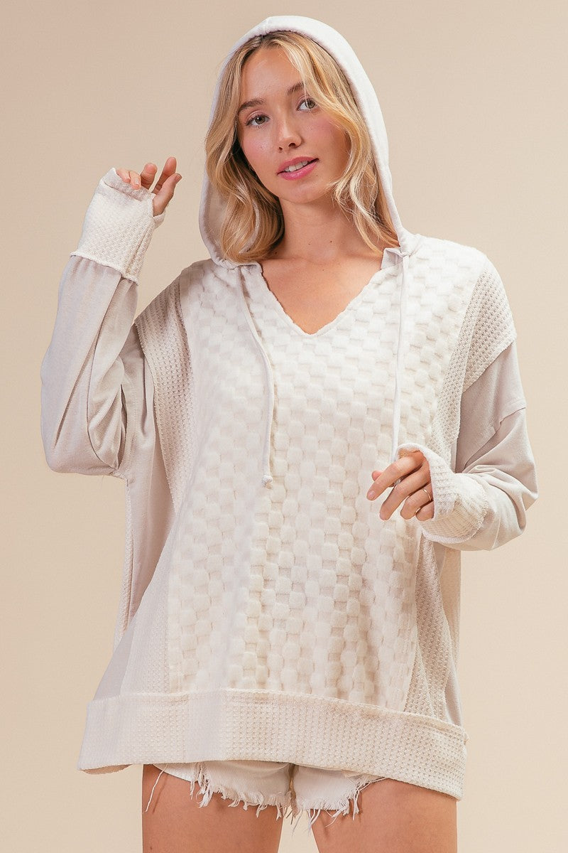 Brushed Checker Waffle Hoodie Top - Ivory