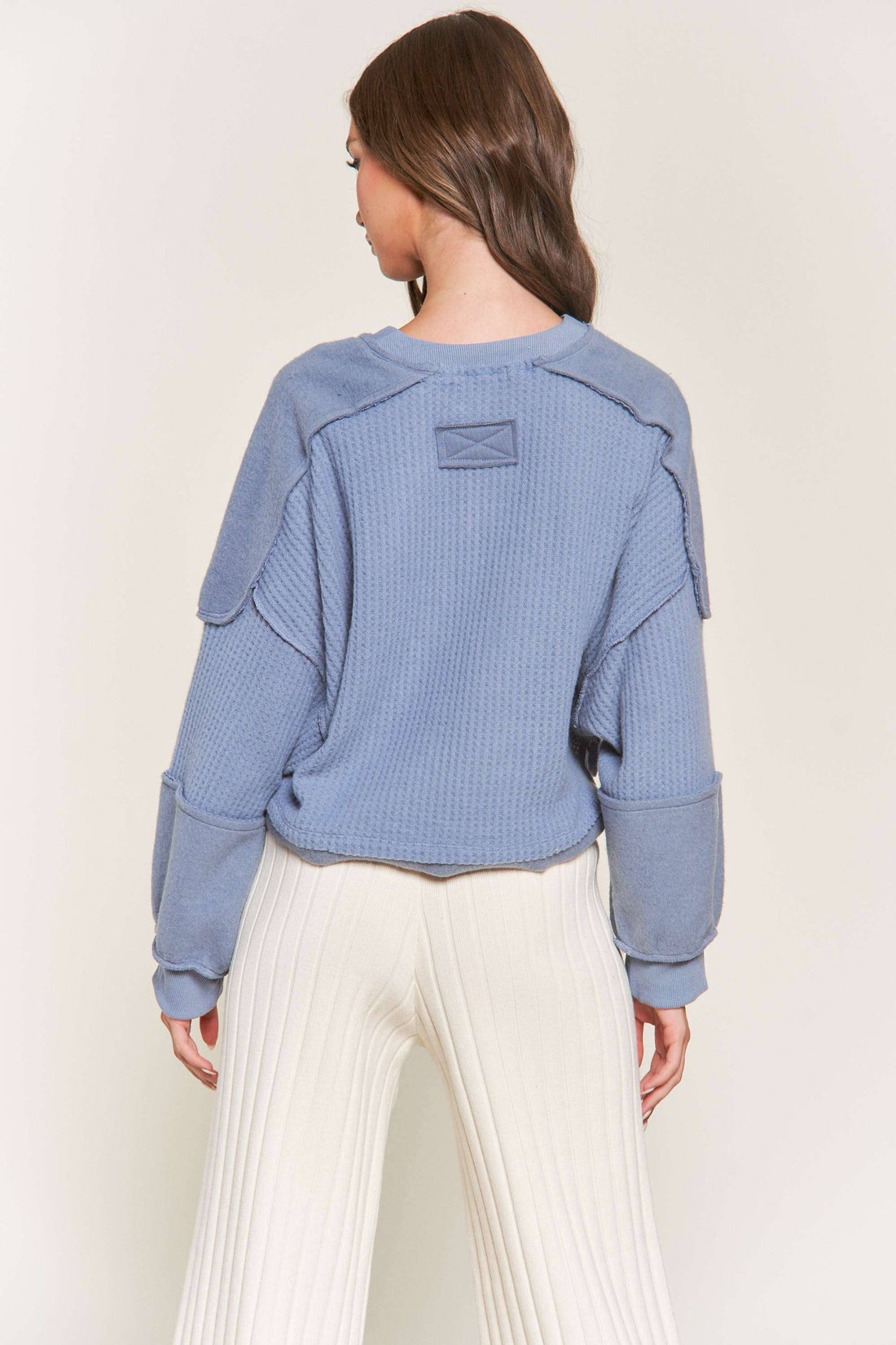 Blue Ribbed Knit Crop Sweater