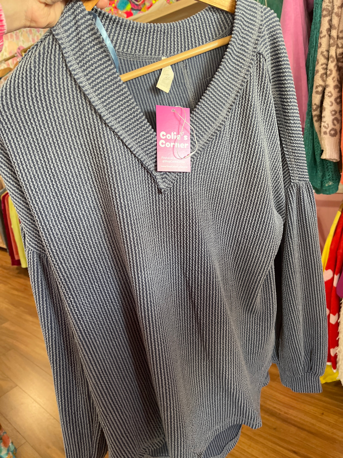 Ribbed Balloon Sleeve Top - Denim
