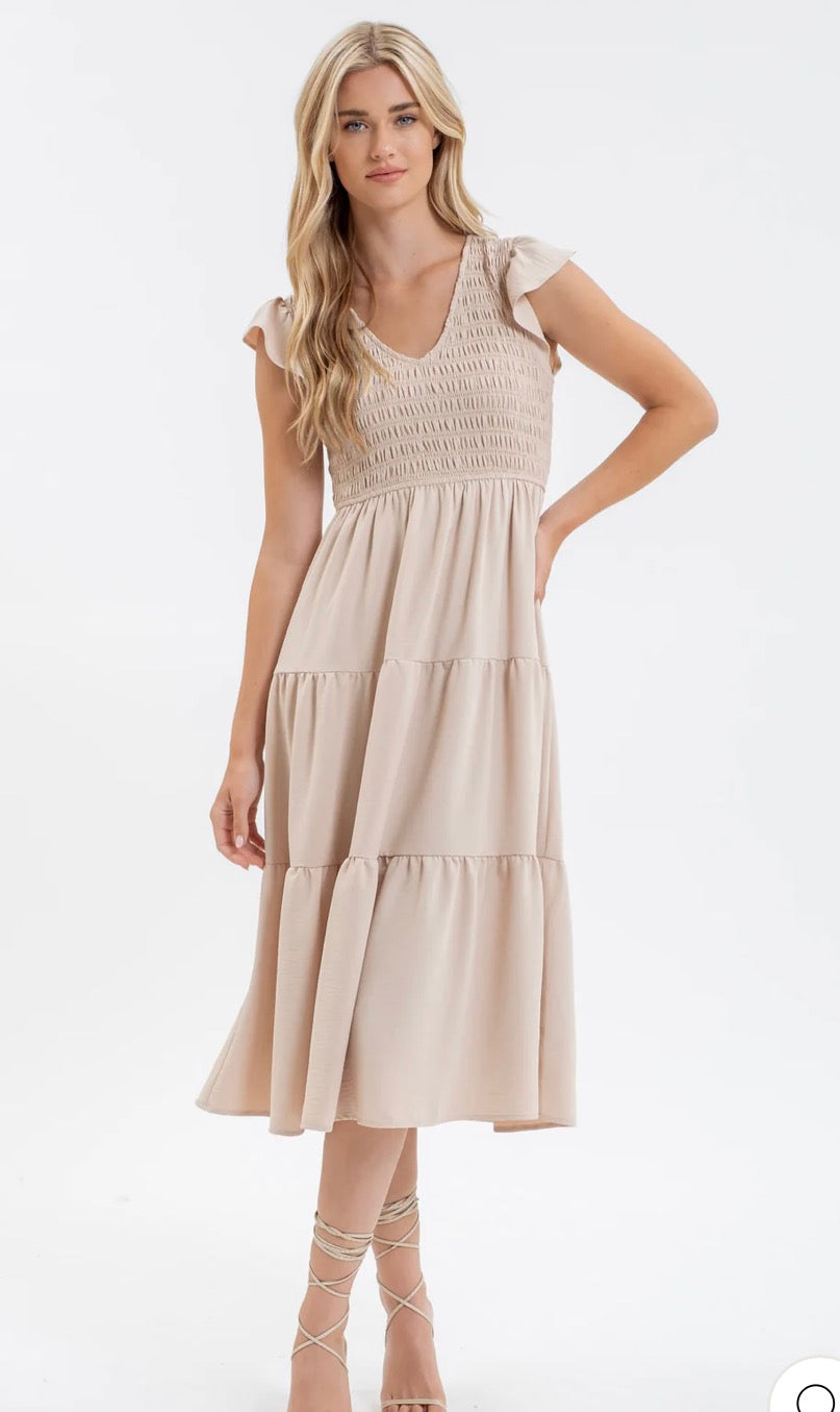 Khaki Ruched V Neck Dress