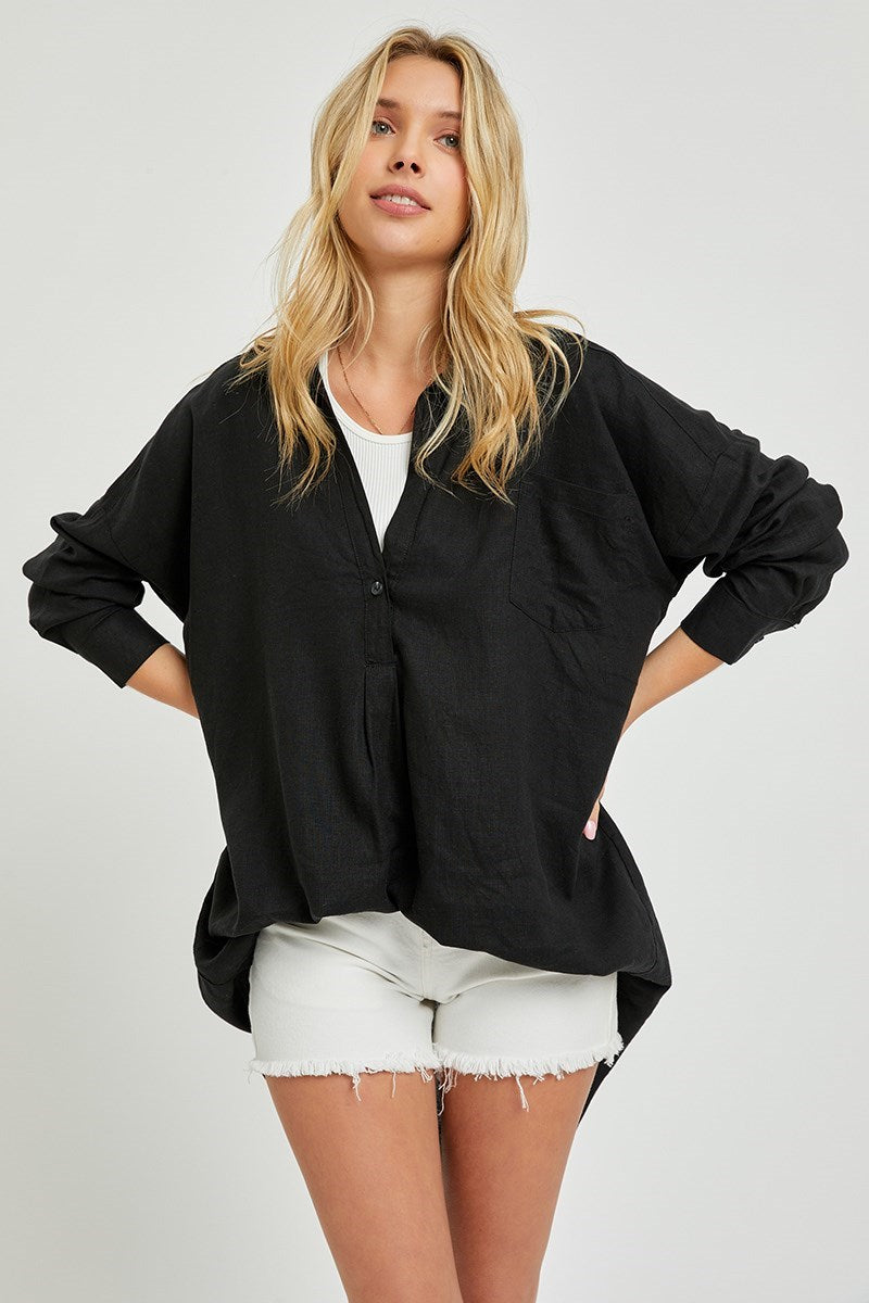 Black Oversize Popover Linen Top