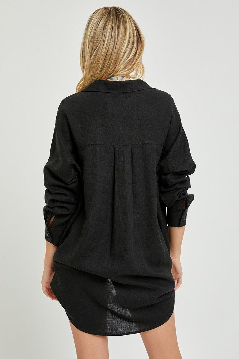 Black Oversize Popover Linen Top