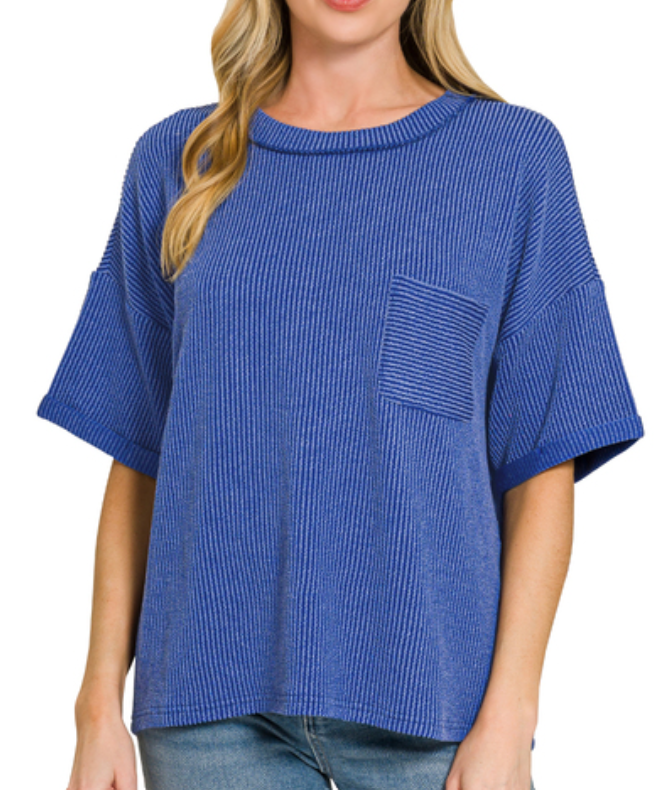 Robbie Ribbed Short Sleeve - Cobalt