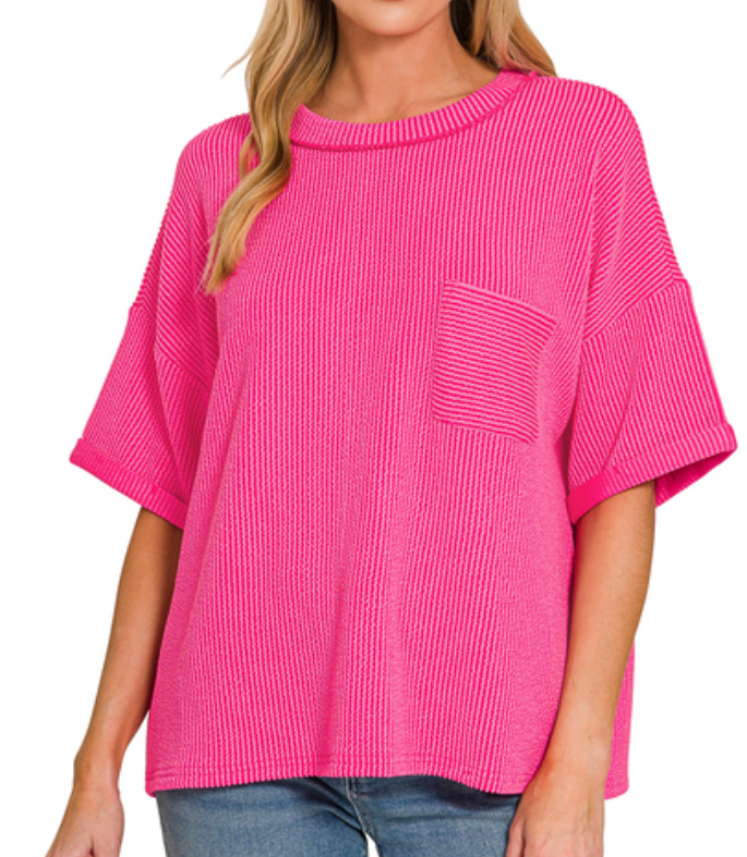 Robbie Ribbed Short Sleeve - Fuchsia Pink