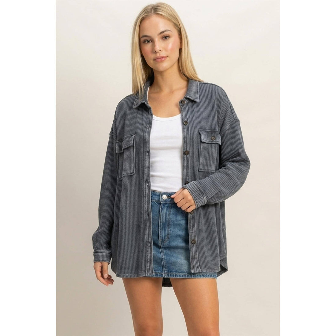 Mineral Wash Waffle Knit Grey Shacket