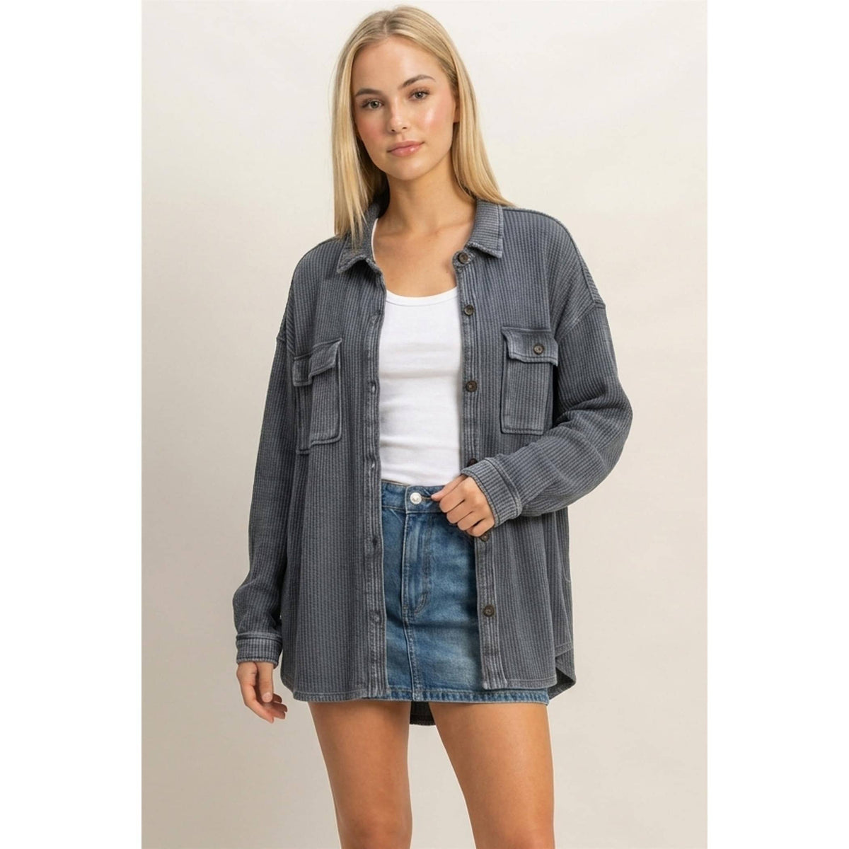 Mineral Wash Waffle Knit Grey Shacket
