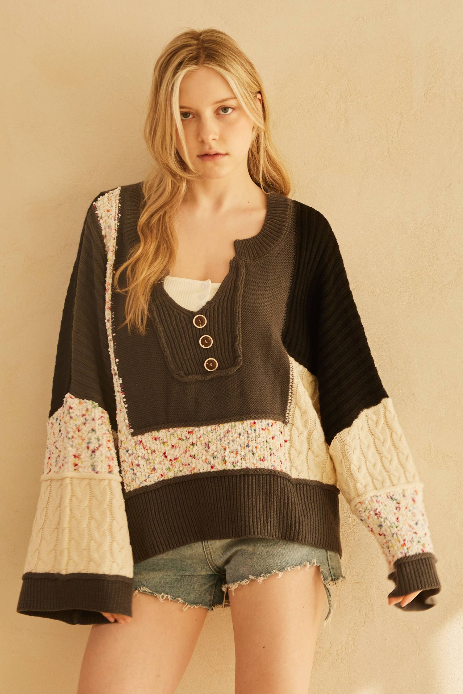 Multi Fabric Color Block lace Sweater