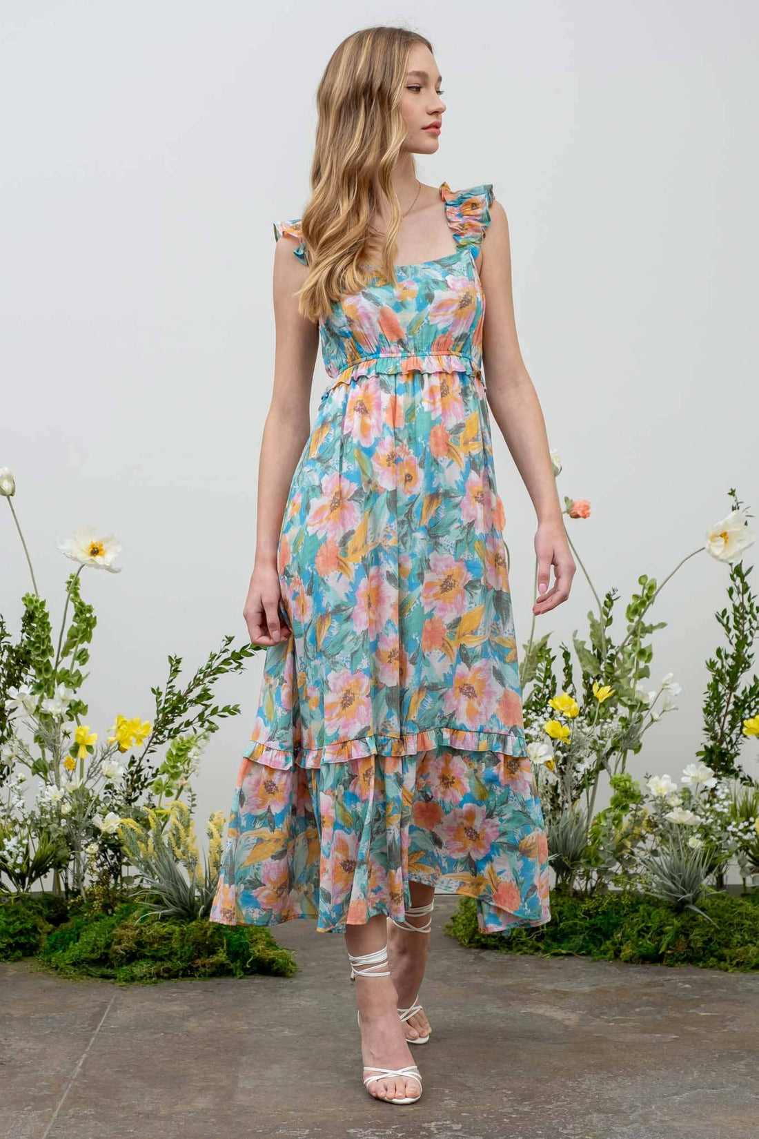 Watercolor Ruffle Midi Dress