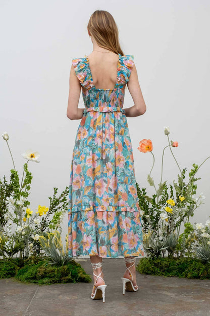 Watercolor Ruffle Midi Dress