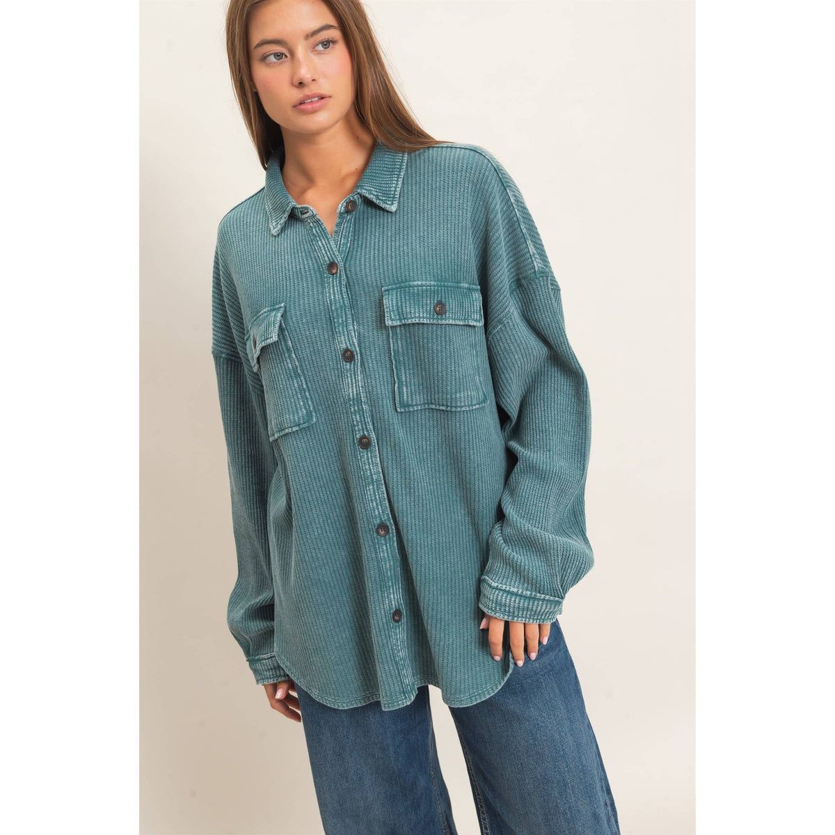 Mineral Wash Waffle Knit Teal Shacket