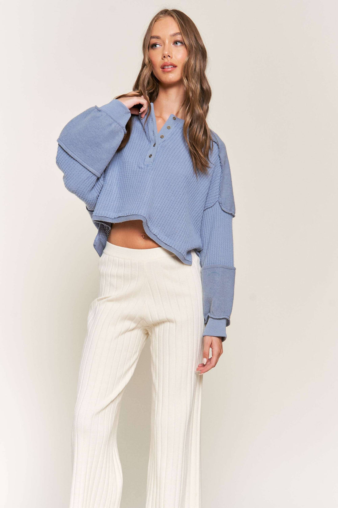 Blue Ribbed Knit Crop Sweater
