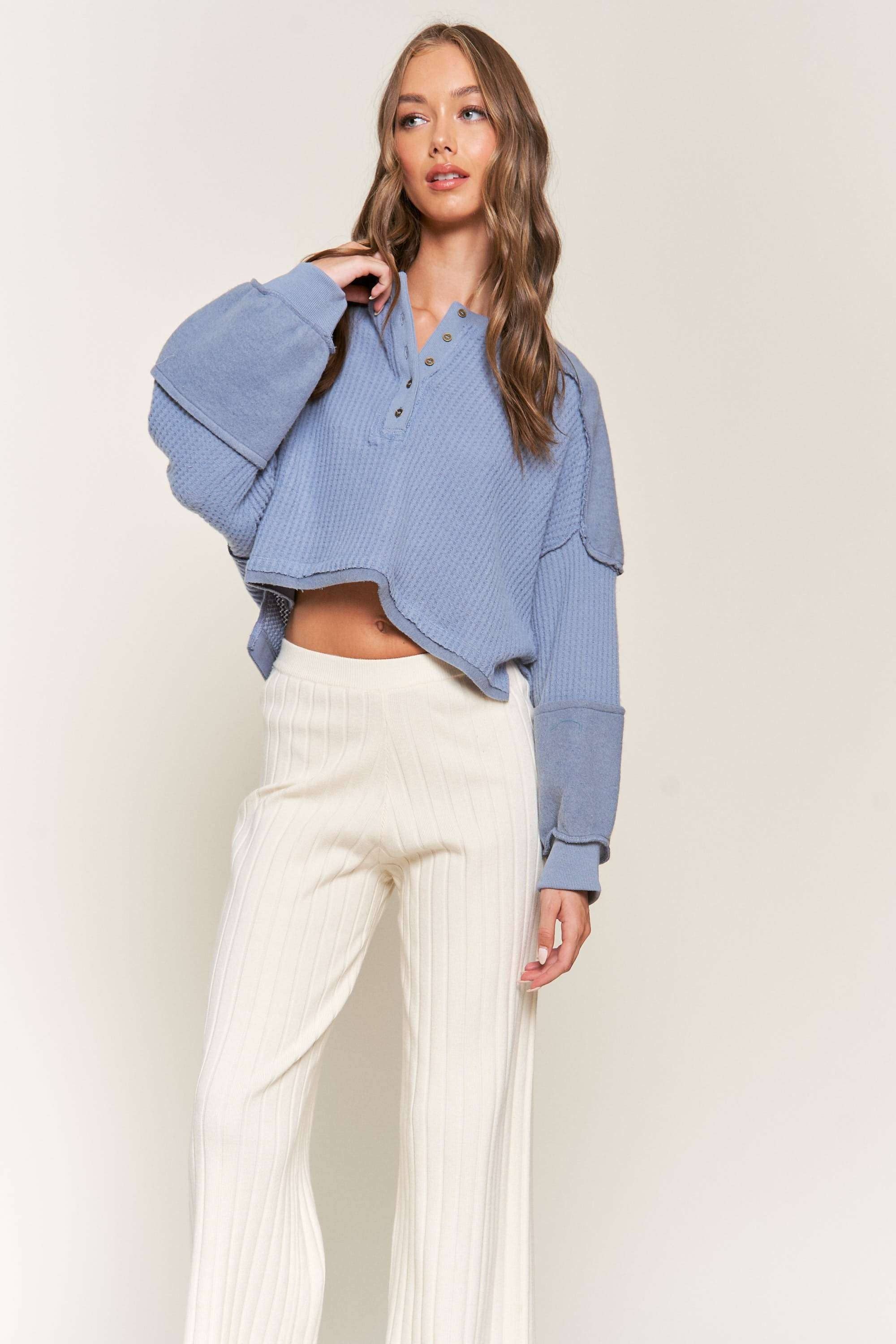 Blue Ribbed Knit Crop Sweater